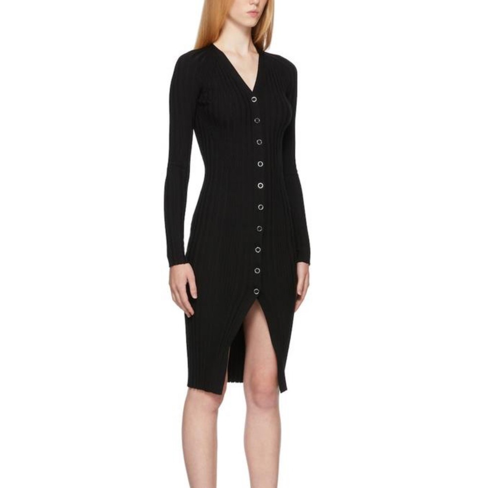 Dion Lee Black Ribbed Button Front‎ Midi Dress Long Sleeve V Neck Slim Fit